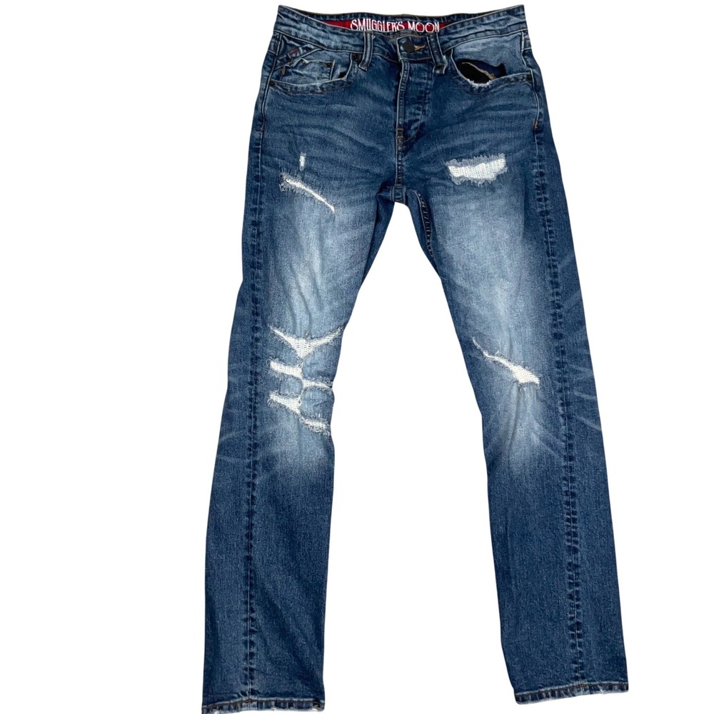 Smugglers Moon Jeans Men 32x33 Blue Distressed Rip Repaired Slim Edgy Grunge
